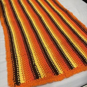 VTG Fall Colors AFGHAN 66x38" Hand-Made Throw Blanket, Orange-Yellow-Brown 70's